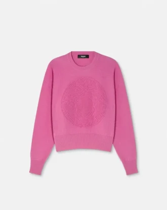 Sweter z dzianiny z domieszką kaszmiru z motywem Medusa