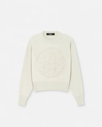 Sweter z dzianiny z domieszką kaszmiru z motywem Medusa