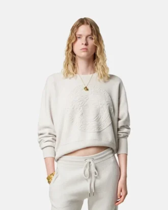 Sweter z dzianiny z domieszką kaszmiru z motywem Medusa
